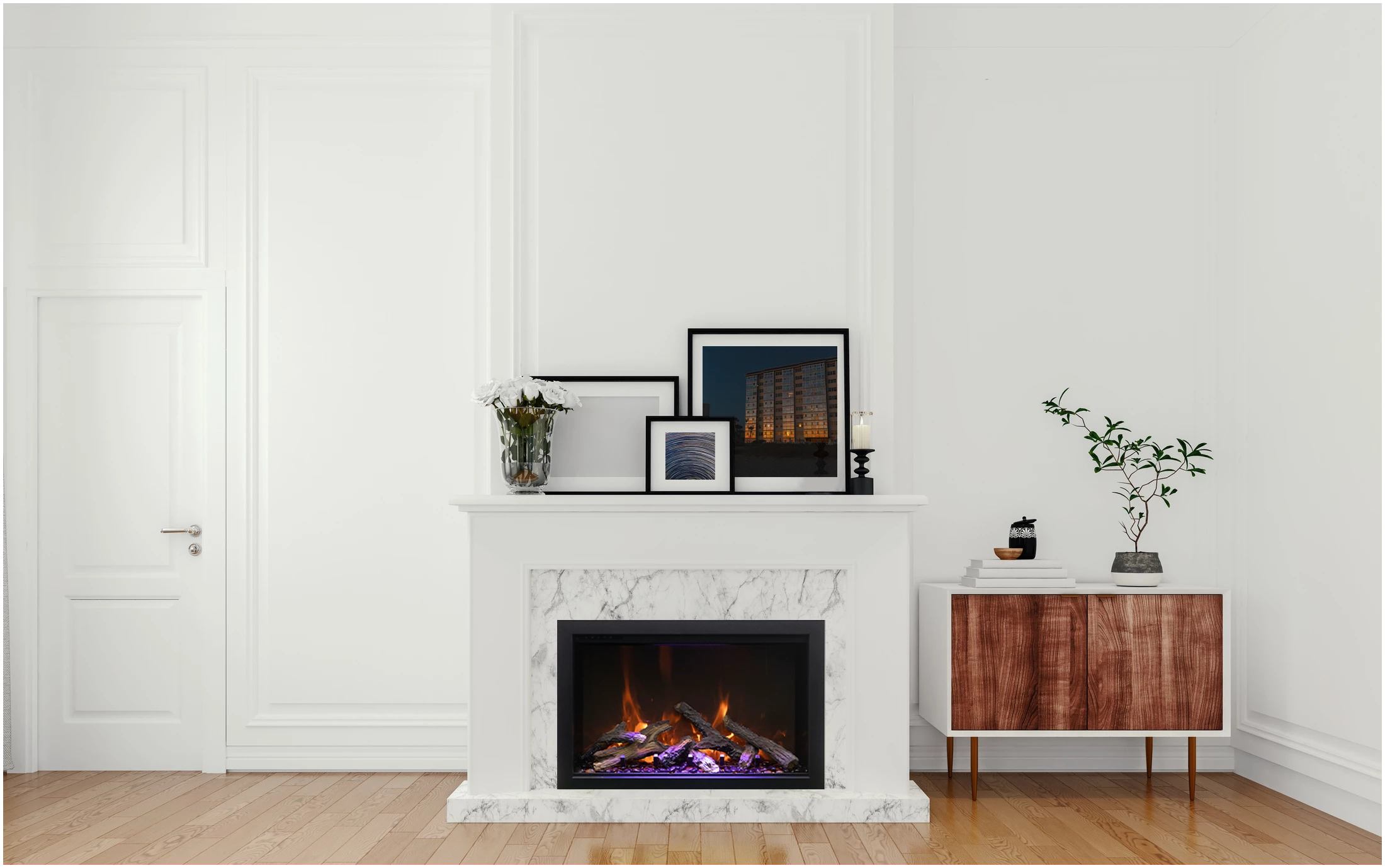 Amantii Smart 38” Fireplace – includes a steel trim, glass inlay, 10 piece log set with remote and cord